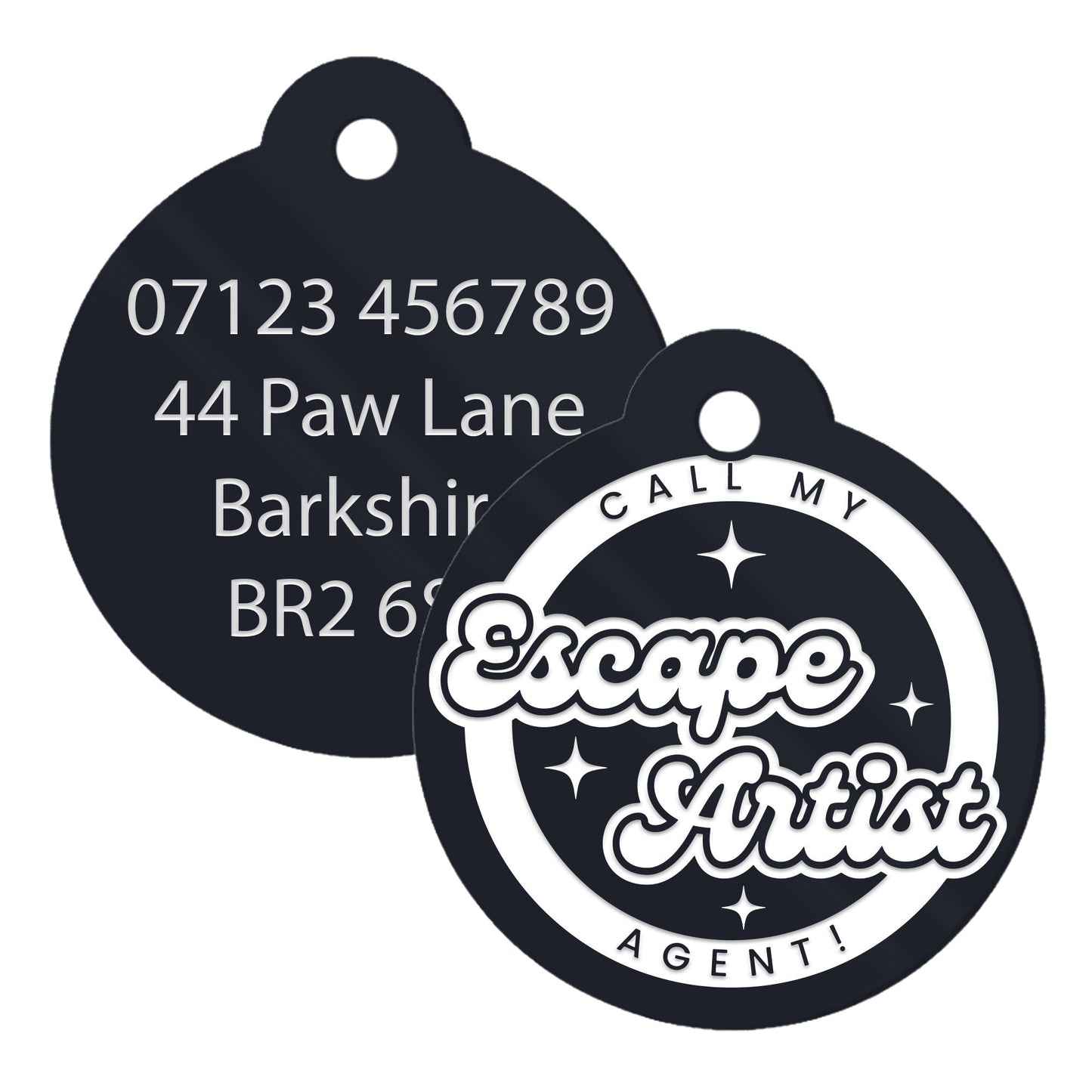 Escape Artist - Stars Personalised Dog ID Collar Tag: Funny Custom Pet Safety Accessories, New Pet Essentials, Unique Gift For Dog