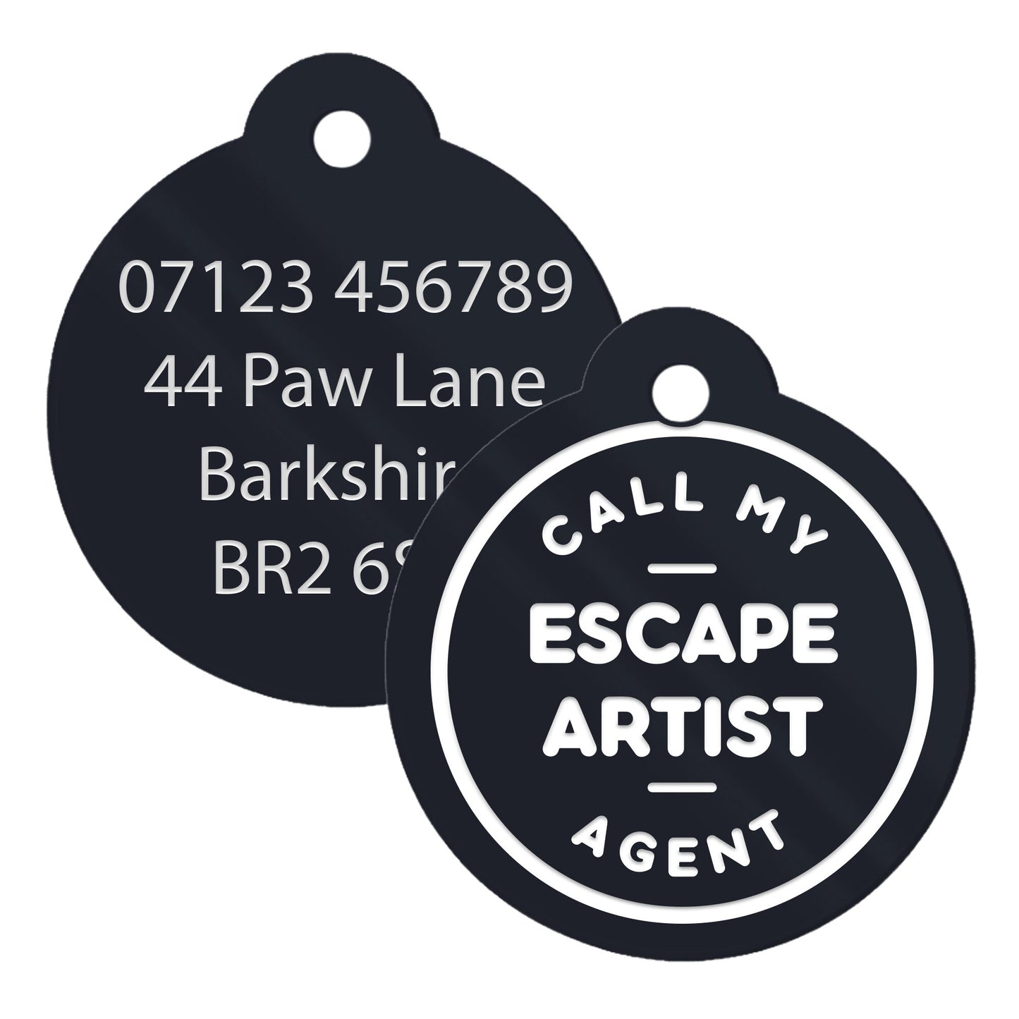 Escape Artist - Text, Personalised Dog ID Collar Tag: Funny Custom Pet Safety Accessories, New Pet Essentials, Unique Gift For Dog