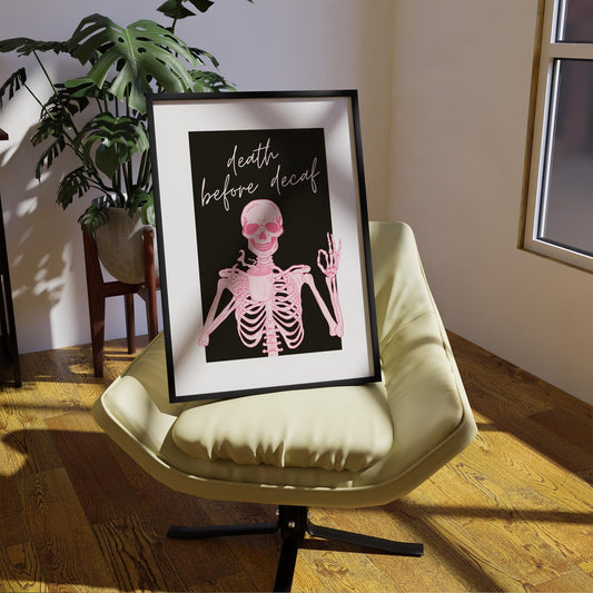 Death Before Decaf - 02 Poster: Dark Humour Print, Coffee Lover Gift, Spooky Season Kitchen Wall Art, Autumnal Vibes, Edgy Home Decor