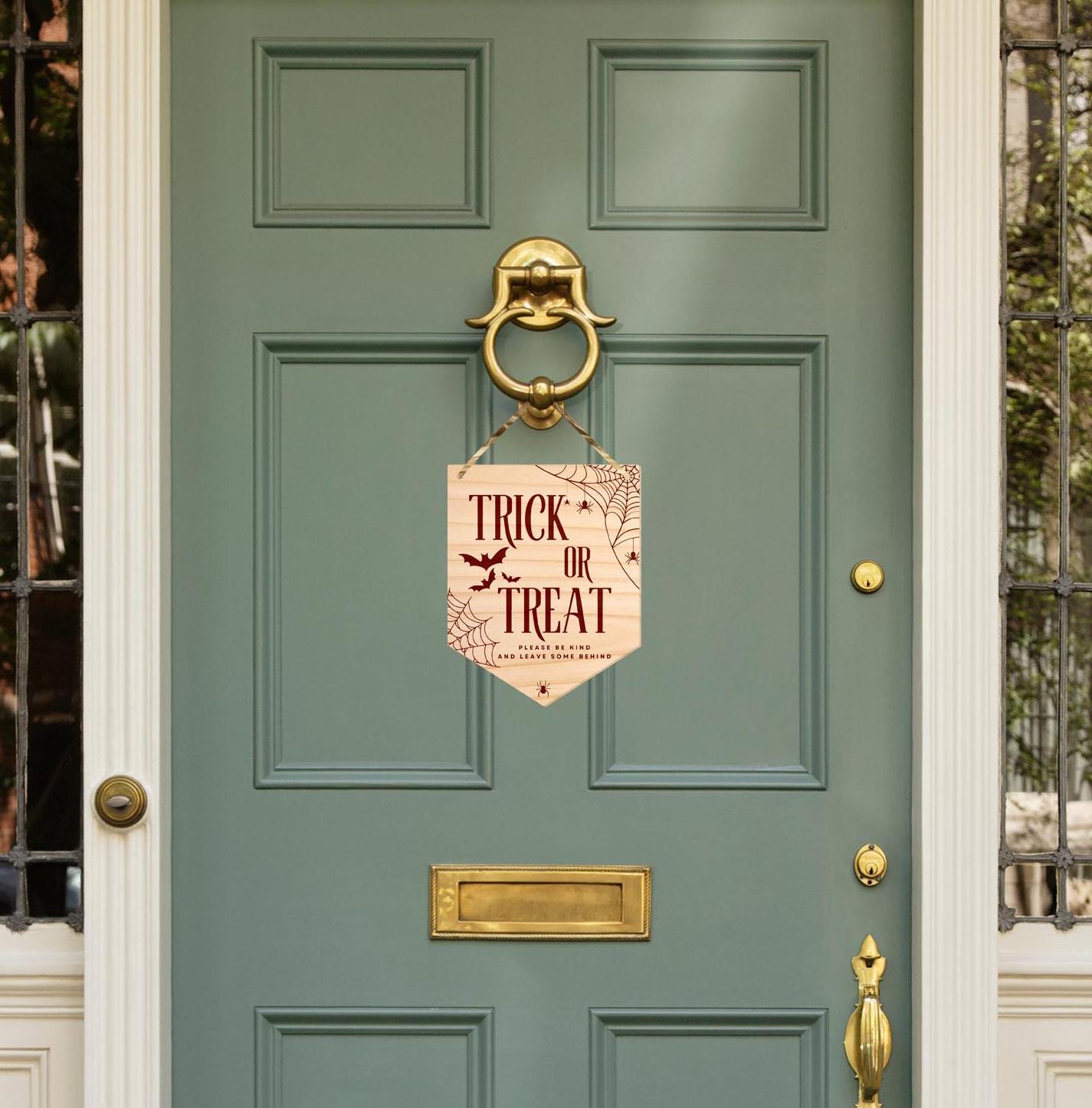 Trick Or Treat - Spider Web Front Door Halloween Sign, Wooden Door Plaque, Cute Spooky Sign, Halloween Decor, Reusable Halloween Decor