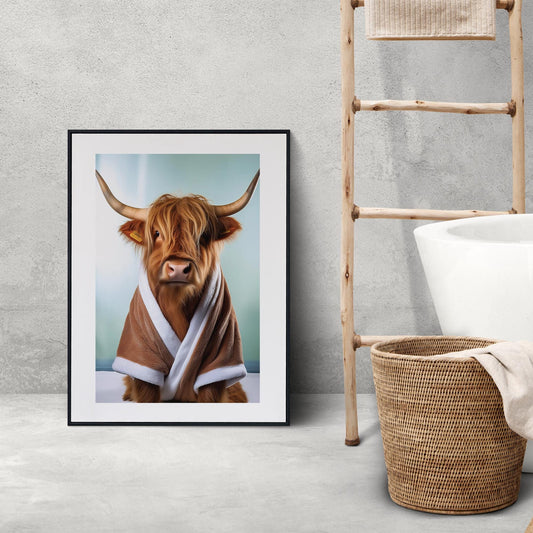 Highland Cow In Bath Robe Poster: Bathroom Prints, Unique Home Decor, Cool Wash Room Print, Cute Bathroom Prints, Home Wall Art, Humours Art