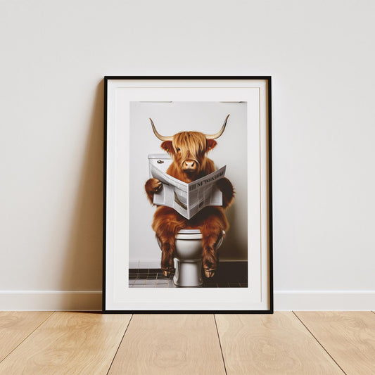Highland Cow On Toilet Poster: Bathroom Prints, Unique Home Decor, Cool Wash Room Print, Cute Bathroom Prints, Home Wall Art, Humours Art