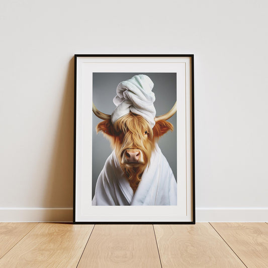 Highland Cow In Bath Robe With Towel Poster: Bathroom Prints, Unique Home Decor, Cool Wash Room Print, Cute Bathroom Prints, Humours Art