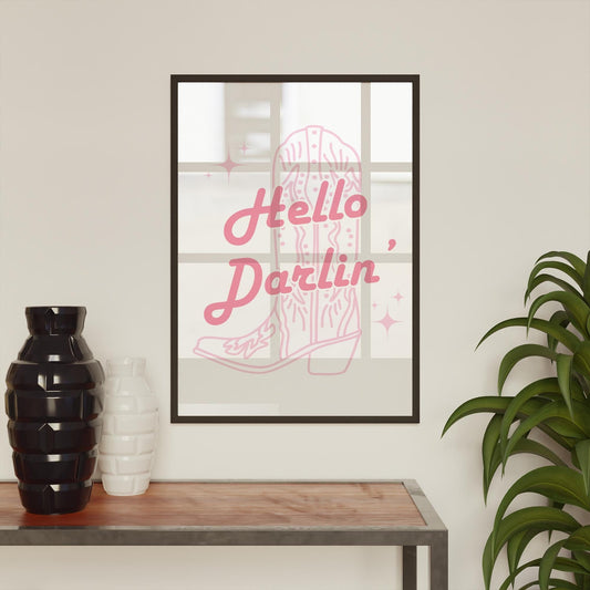 Hello Darlin' - 08 Poster: Retro Pink Western-Themed Print, Vintage Western Wall Art, Feminine Country Home Decor, Pink Cowboy Aesthetic