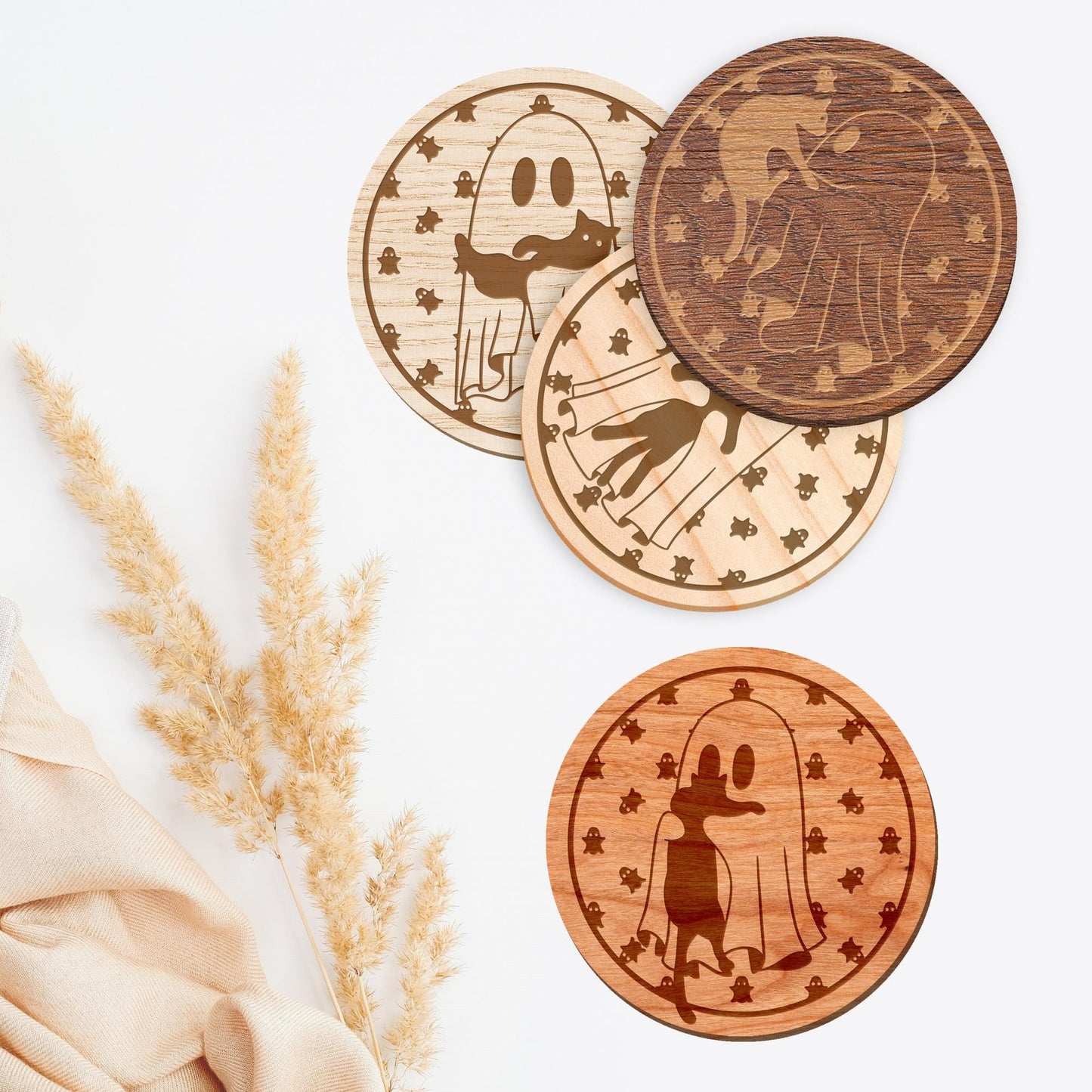 Ghosts With Cats Coaster Set: Autumnal Coaster Set, Rustic Wooden Fall Decor, Ghost Coaster, Halloween Decor, Cat Lover, Autumn Home Decor