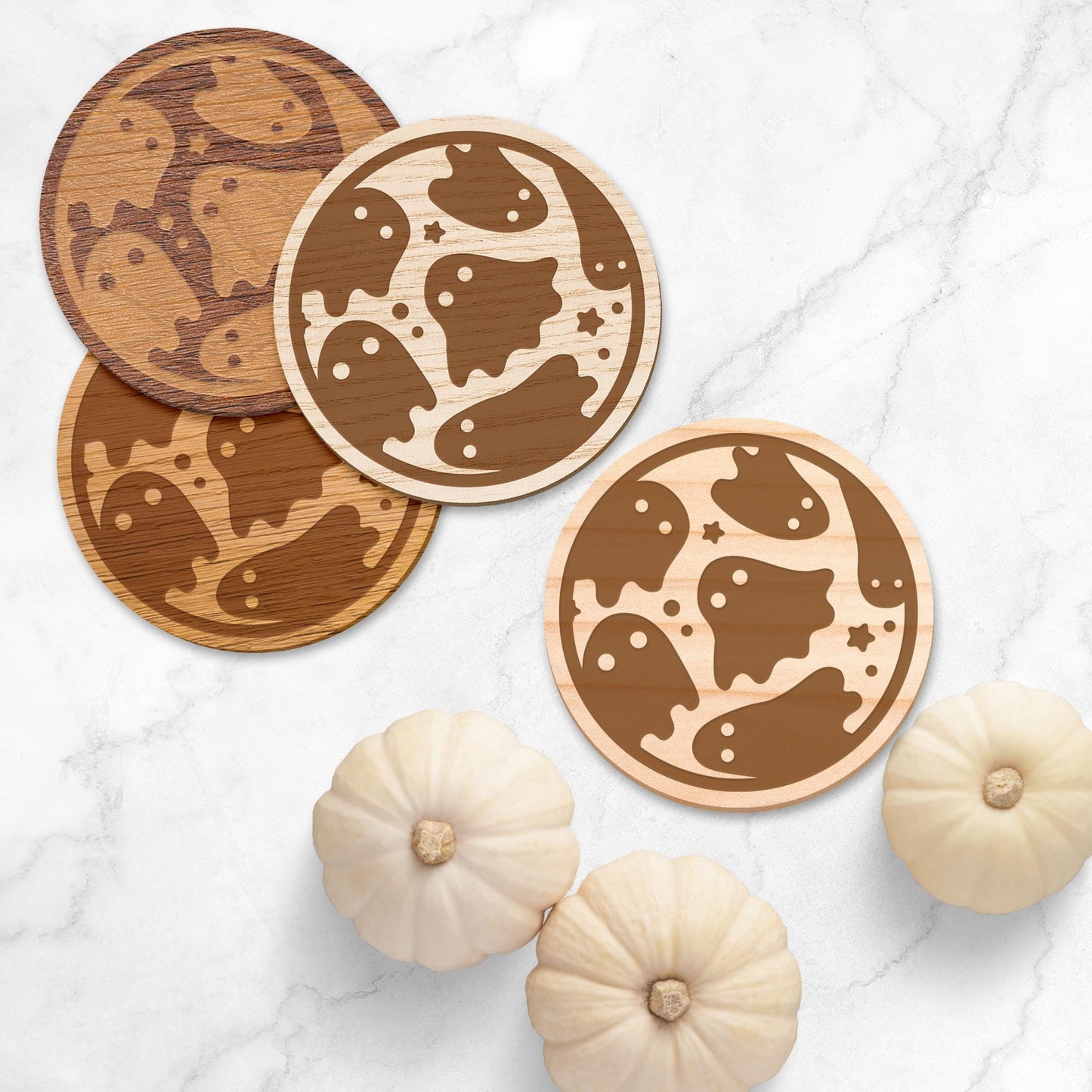 Ghost Pattern Coasters Set: Autumnal Coaster Set, Rustic Wooden Fall Decor, Ghost Coasters, Cute Halloween Decor, Autumn Cosy Home Decor