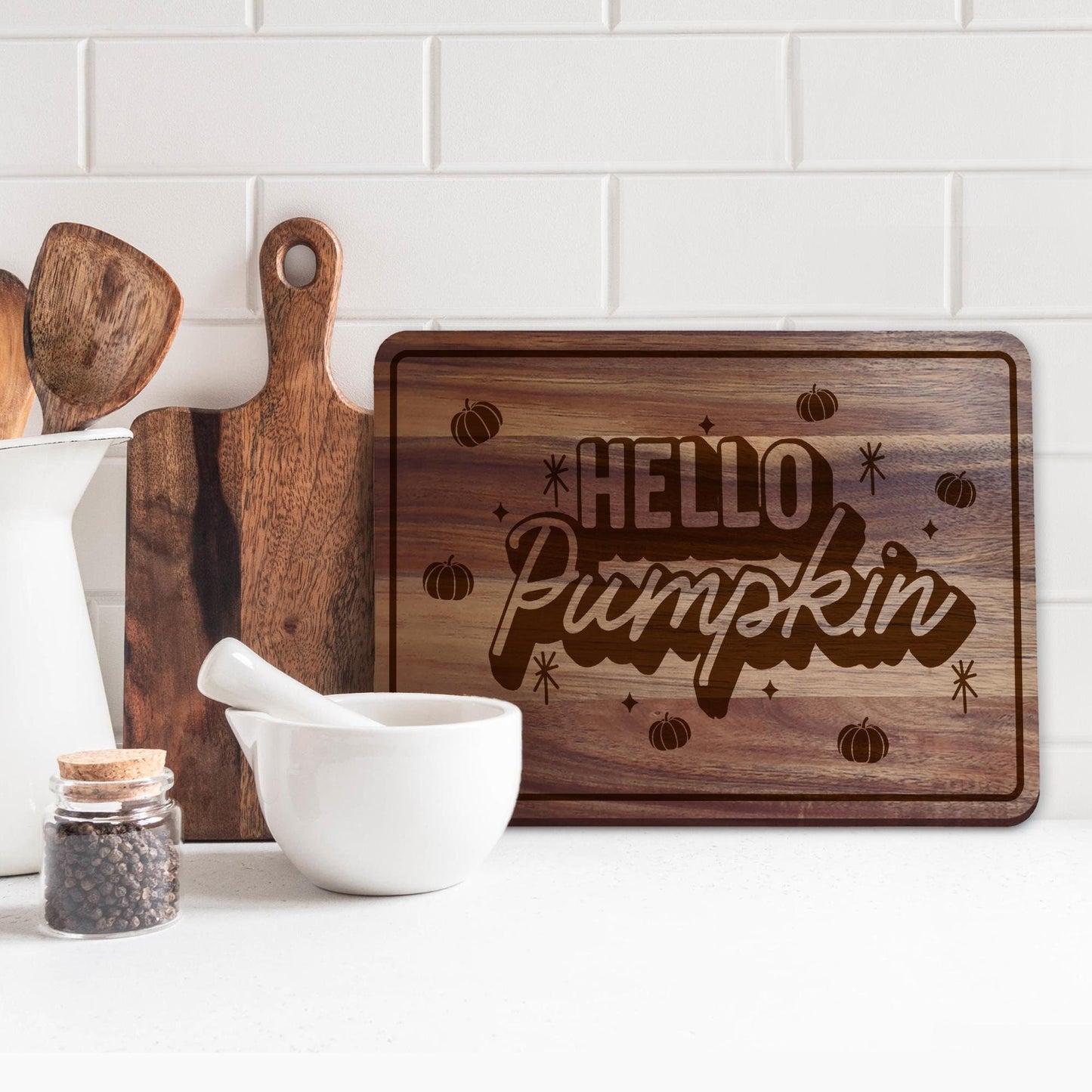 Hello Pumpkin Chopping Board 03: Fall Kitchen Decor, Autumnal Home Decor, Fall Gift, Halloween Serving Board, Cosy Seasonal Home Accessories