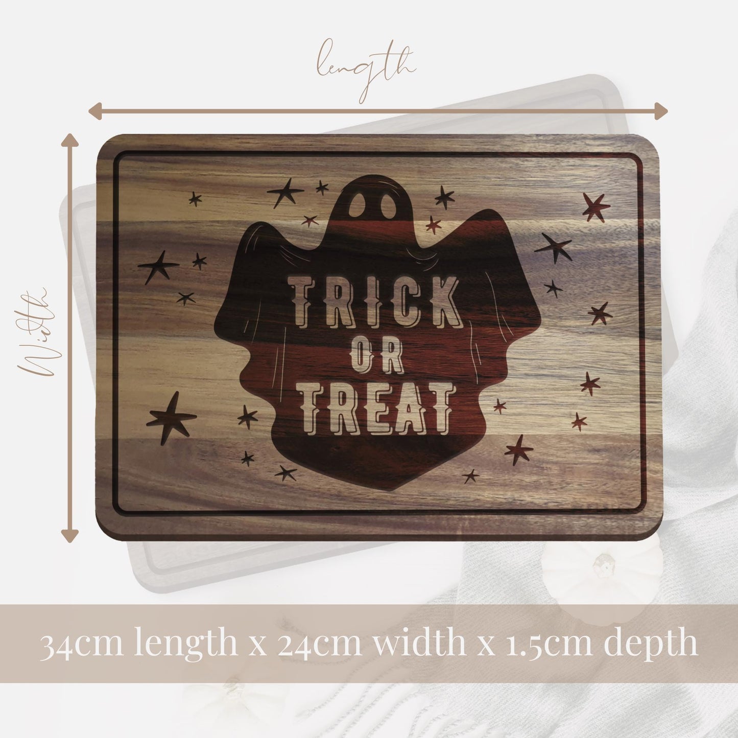 Trick or Treat Chopping Board - 01: Halloween Kitchen Decor, Spooky Season Wood Cutting Board, Autumnal Home Accessories Gift, Fall Vibes