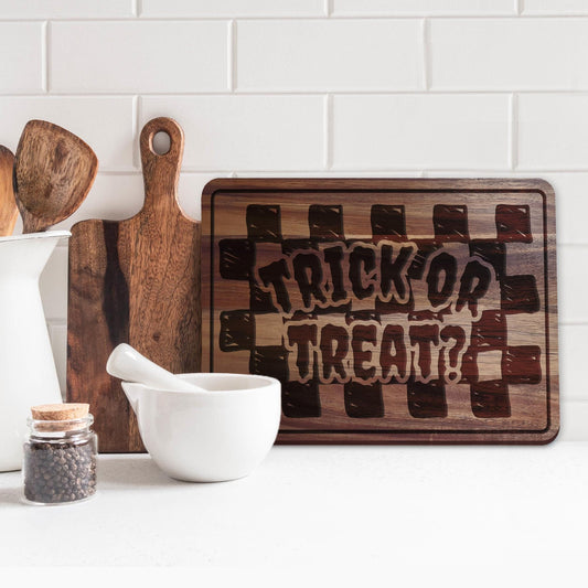 Trick or Treat Chopping Board - 02: Halloween Kitchen Decor, Spooky Season Wood Cutting Board, Autumnal Home Accessories Gift, Fall Vibes