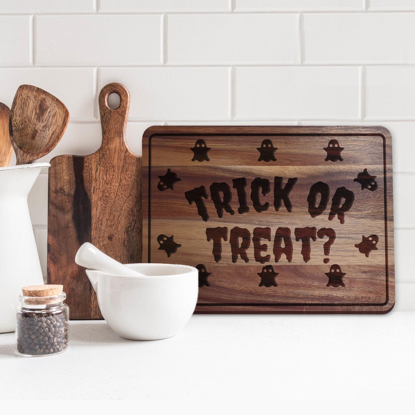 Trick or Treat Chopping Board - 04: Halloween Kitchen Decor, Spooky Season Wood Cutting Board, Autumnal Home Accessories Gift, Fall Vibes