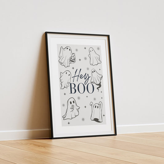 Hey Boo - Cute Ghost Poster: Seasonal Decor, Fall Wall Art, Spooky Vibes Print, Halloween Poster, Autumnal Home Decor Gift, Little Ghost