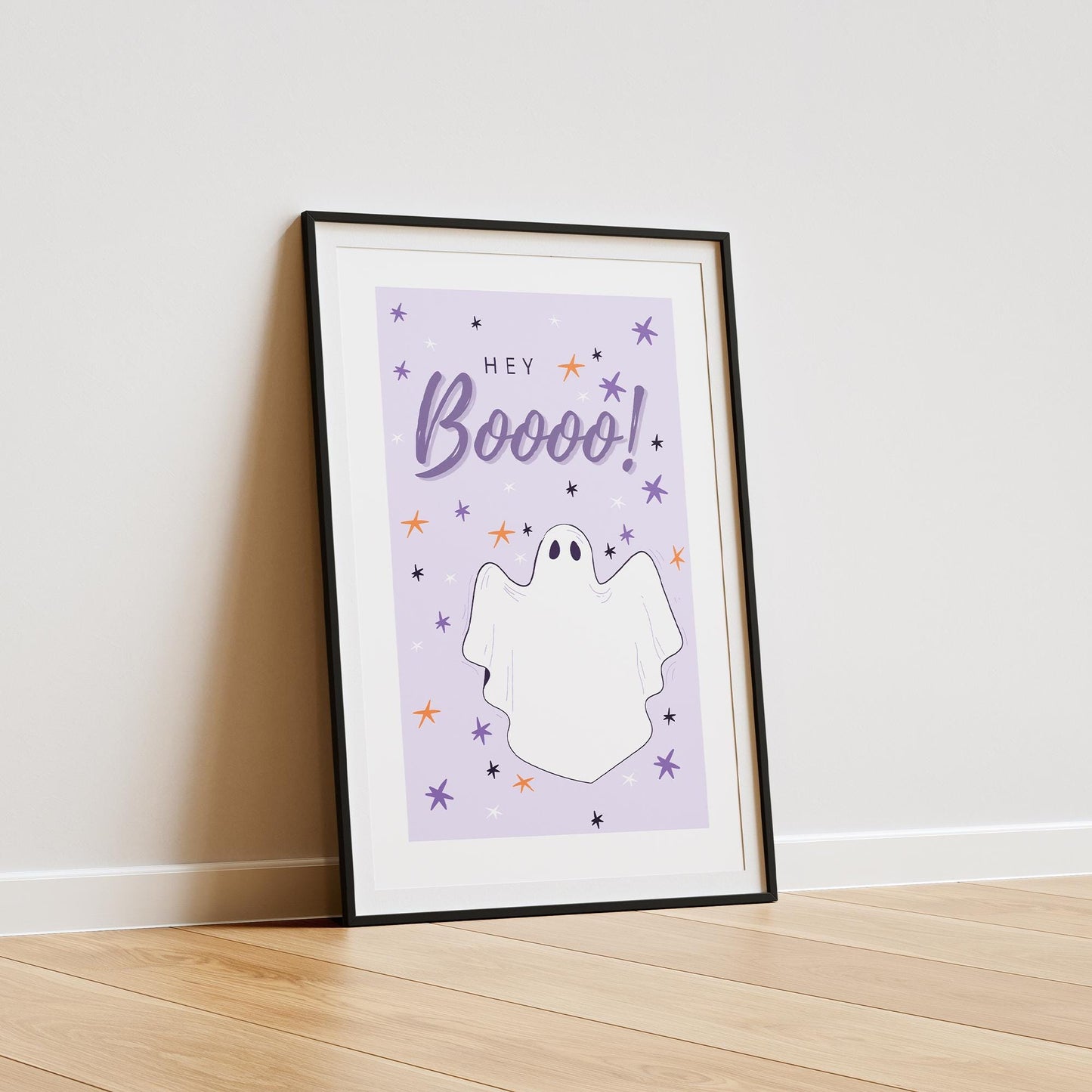 Hey Boo - Purple Ghost Poster: Seasonal Decor, Fall Wall Art, Spooky Vibes Print, Halloween Poster, Autumnal Home Decor Gift, Cute Ghost