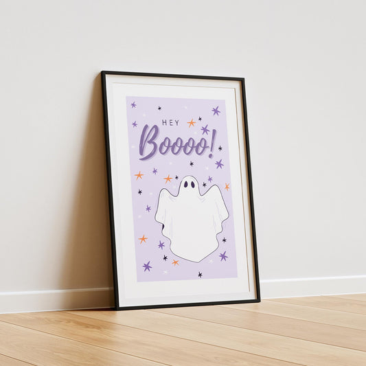 Hey Boo - Purple Ghost Poster: Seasonal Decor, Fall Wall Art, Spooky Vibes Print, Halloween Poster, Autumnal Home Decor Gift, Cute Ghost
