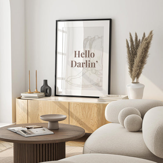 Hello Darlin' - 04 Poster: Western-Themed Print, Rustic Southern Wall Art, Cowboy Aesthetic, Minimalistic Home Decor, Country Living Poster