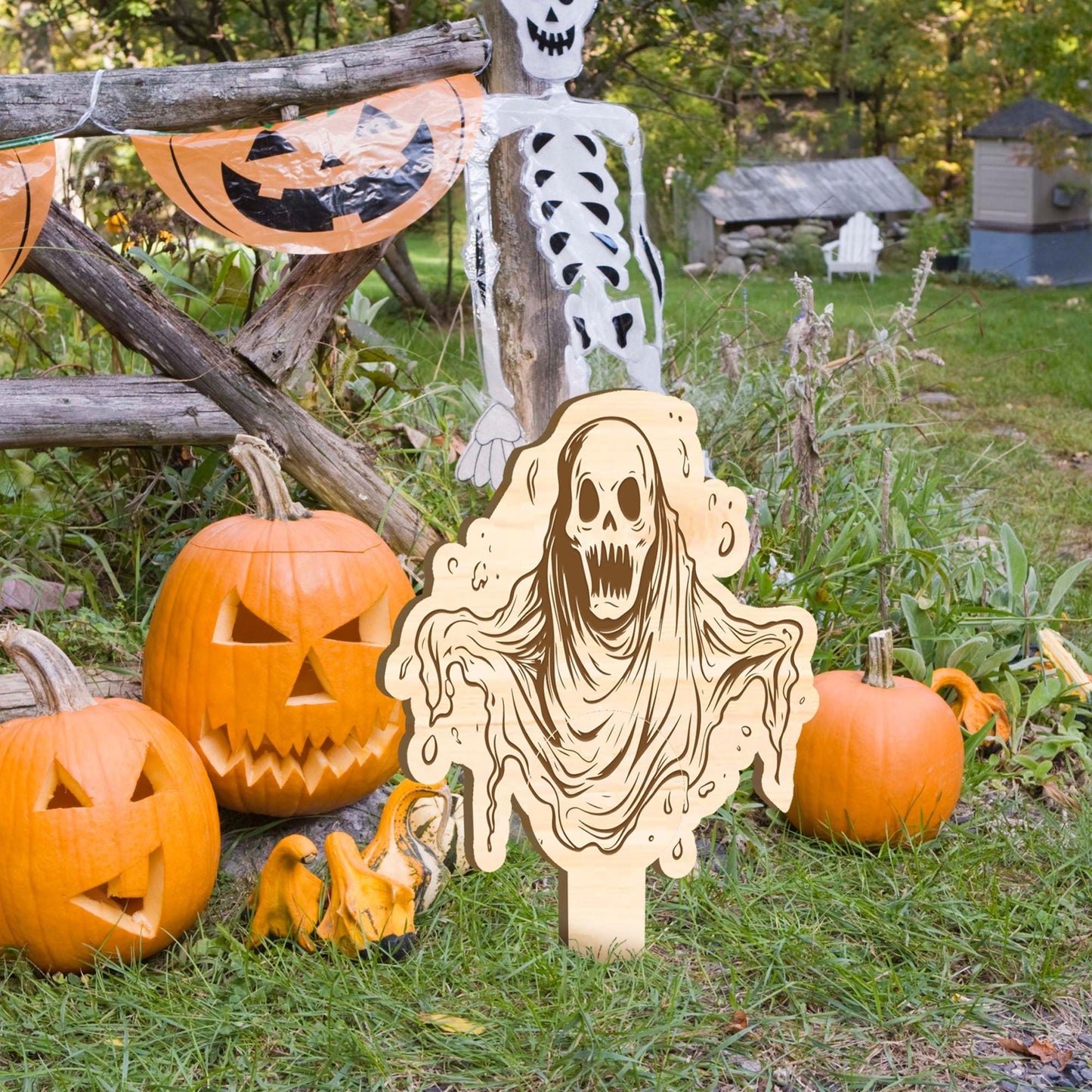 Spooky Ghost Wooden Halloween Plaque: Garden Sign, Halloween Outdoor Decoration, Wooden Garden Decor, Halloween Party Decorations