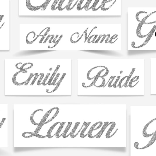Personalised Silver Glitter Vinyl Sticker / Names Words / Wine Glass / Water Bottle / Box / Wedding Hen Do / Elegant Label / Custom Decal