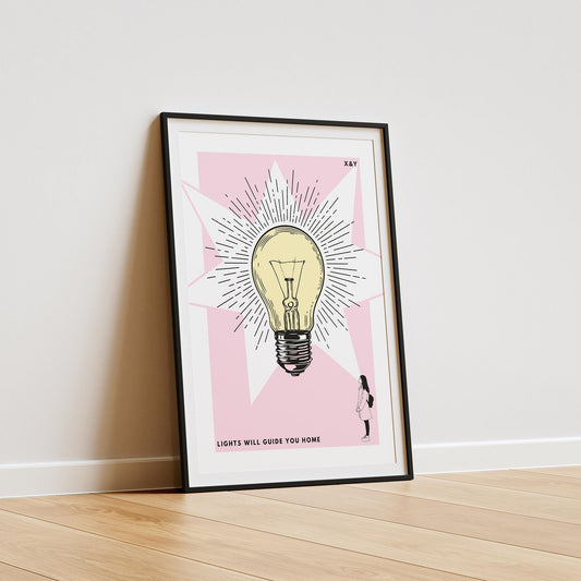 Lights Will Guide You Home Poster - Coldplay Inspired Wall Art, Pink Bulb Print, Quote Poster, Home Decor, Lyric Print, Music Lover Art