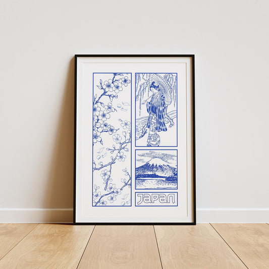 Tokyo Blue - Graphic Design Poster, Elegant Japanese Style Print, Bedroom Print, Cherry Blossom, Minimalist Wall Decor, Fine Line Poster