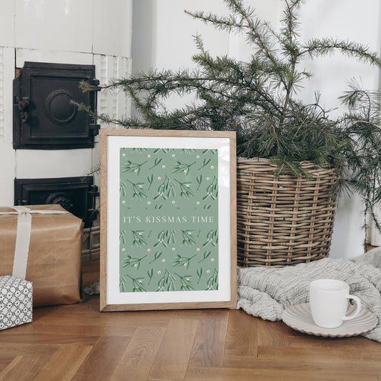 It's Kissmas Time - 02:  Christmas Poster, Mistletoe Holiday Wall Art, Christmas Home Decor, Living Room Wall Art, Festive Home Prints
