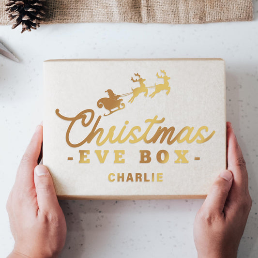 Xmas Eve Box - Retro Sleigh: Personalised Christmas Eve Box Sticker, Custom Name Gift Box Decal, Christmas Eve Gift Idea, Gift Box Label