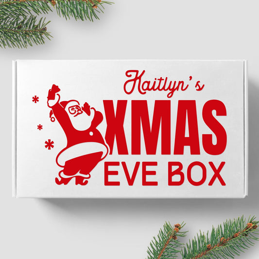 Xmas Eve Box - Fun Santa: Personalised Christmas Eve Box Sticker, Custom Name Gift Box Decal, Christmas Eve Gift Idea, Gift Box Label