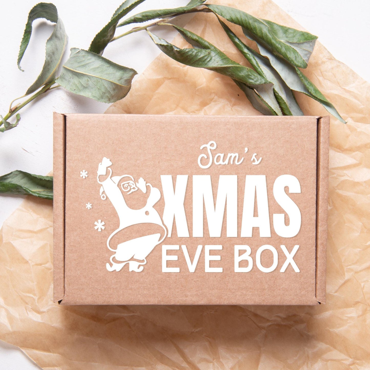 Xmas Eve Box - Fun Santa: Personalised Christmas Eve Box Sticker, Custom Name Gift Box Decal, Christmas Eve Gift Idea, Gift Box Label