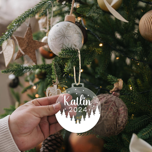 Name & Year Forest - Clear Acrylic, Custom Bauble, Vinyl/Clear Bauble, Christmas Decor, Custom Christmas, Christmas Bauble, First Christmas