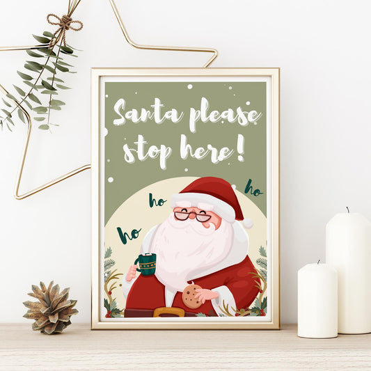 Santa Stop Here Poster - 01: Festive Christmas Print, Xmas Decoration for Kids, Santa Claus Holiday Wall Art, Christmas Home Decor