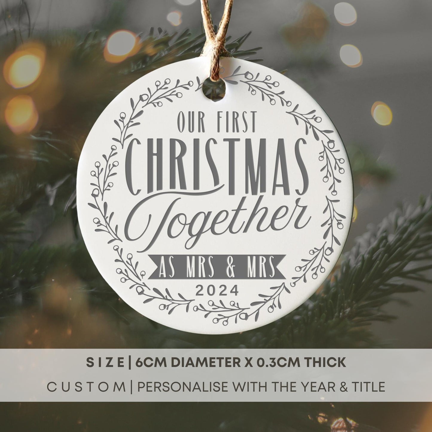 First Christmas Married - Wreath Tree Ornament: Personalised Christmas Bauble Newly Wed Couples, Xmas Keepsake Memento, Christmas Decor