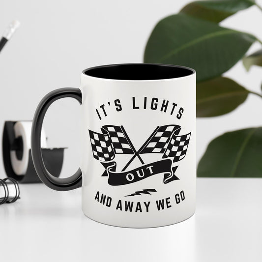 Lights Out - Flags Mug: "Lights Out and Away We Go" F1 Start Quote Mug, Formula 1 Gift, Racing Gift For Him, For Dad, Stocking Filler