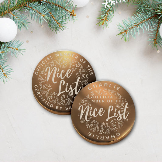 Nice List - Floral: Official Nice List Member Coin  Personalised Christmas Gift from Santa, Custom Christmas Token, Stocking Filler