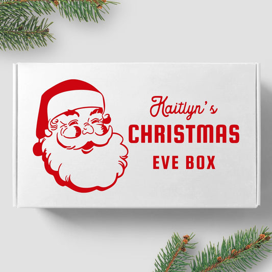 Xmas Eve Box - Retro Santa: Personalised Christmas Eve Box Sticker, Custom Name Gift Box Decal, Christmas Eve Gift Idea, Xmas Gift Box Label