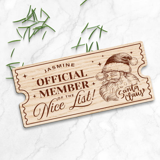 Nice List Ticket - Santa: Personalised Santa's Nice List Wooden Ticket Certificate, Christmas Keepsake for Kids, Magic Christmas Gift