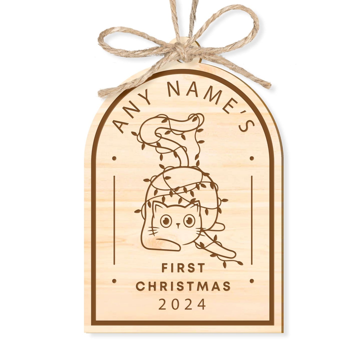 Personalised Cat First Christmas - Lights Bauble: Custom Cat Name, Rustic Pet 1st Christmas Tree Decor, Wooden Xmas Ornament Decoration Gift