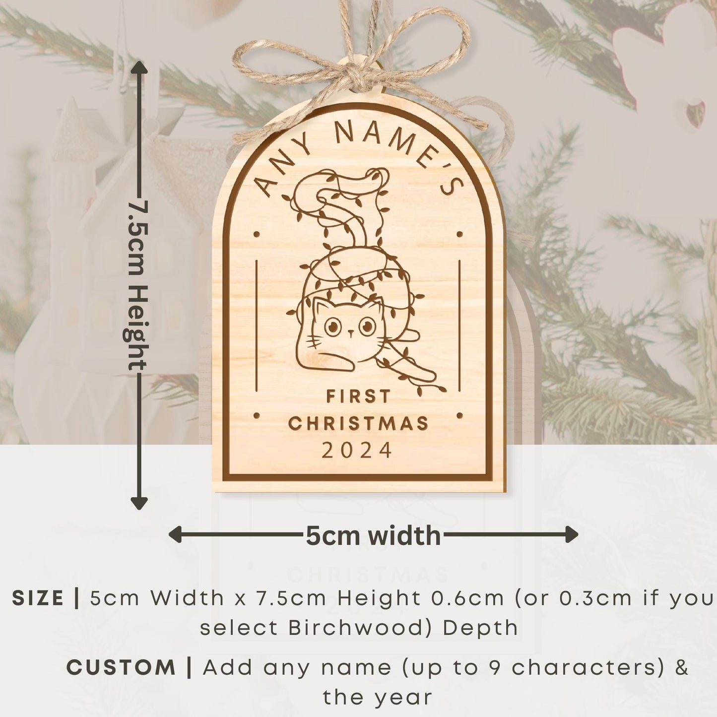 Personalised Cat First Christmas - Lights Bauble: Custom Cat Name, Rustic Pet 1st Christmas Tree Decor, Wooden Xmas Ornament Decoration Gift