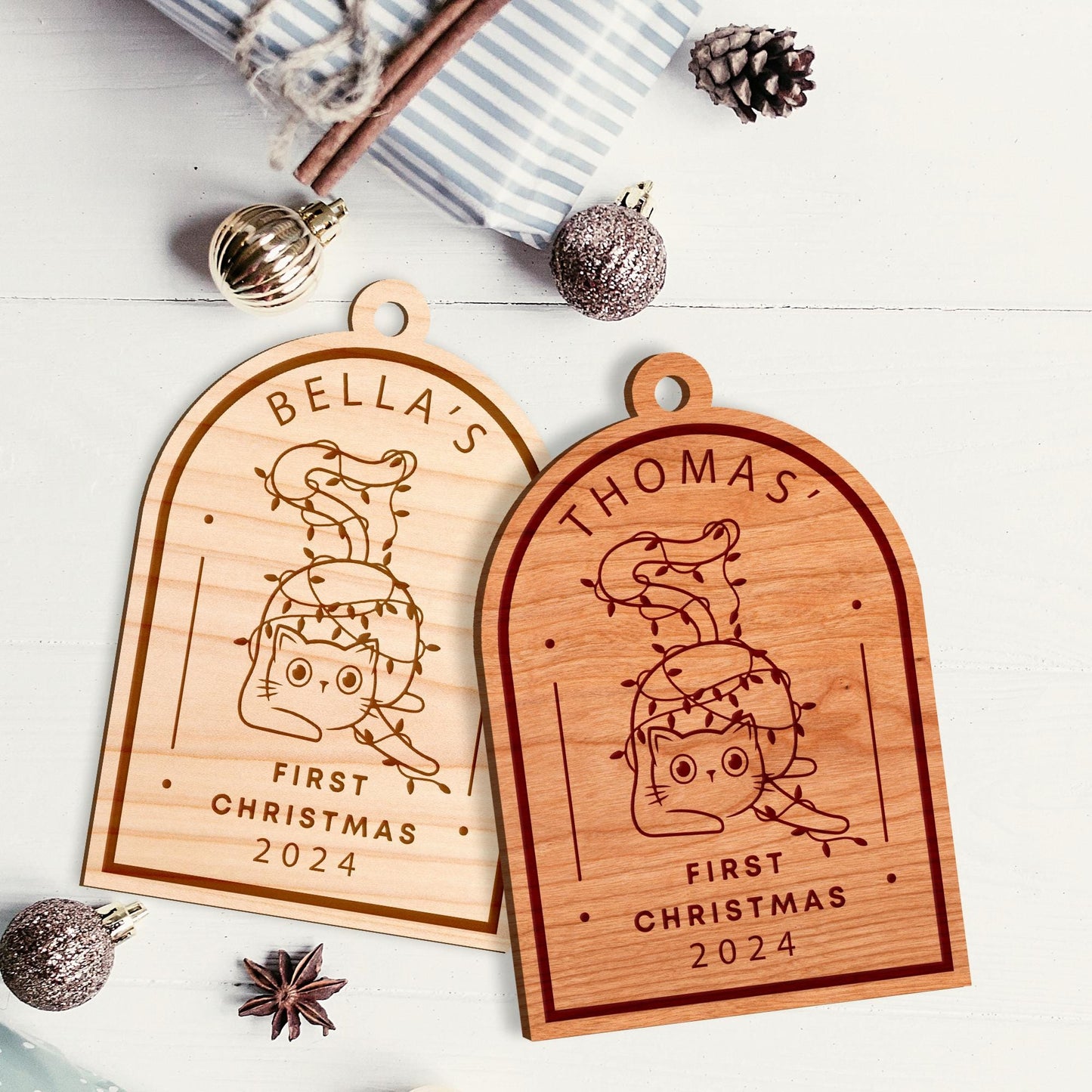 Personalised Cat First Christmas - Lights Bauble: Custom Cat Name, Rustic Pet 1st Christmas Tree Decor, Wooden Xmas Ornament Decoration Gift