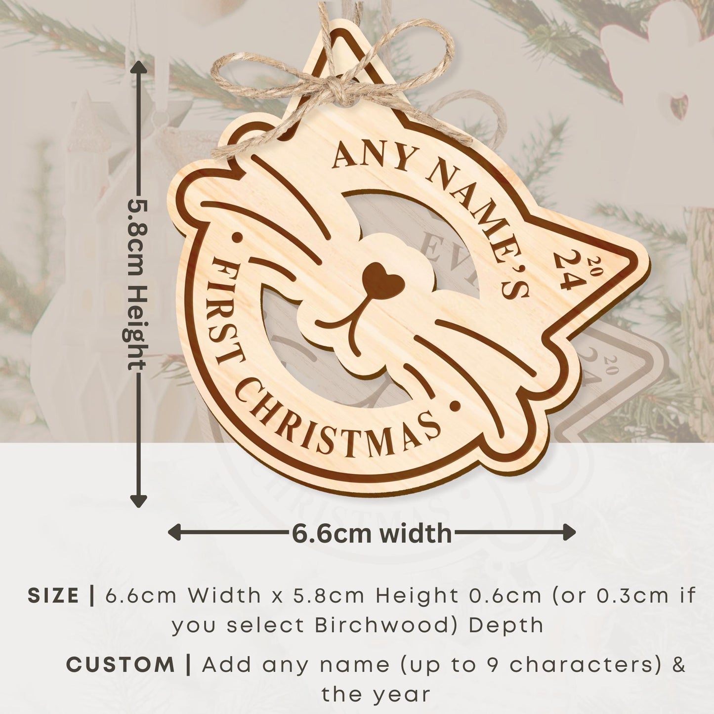 Personalised Cat First Christmas - Ears & Nose Bauble: Custom Name, Rustic Cat's First Christmas Tree Decor, Wooden pet Xmas Ornament Gift