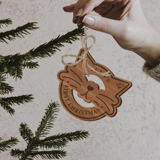 Personalised Cat First Christmas - Ears & Nose Bauble: Custom Name, Rustic Cat's First Christmas Tree Decor, Wooden pet Xmas Ornament Gift