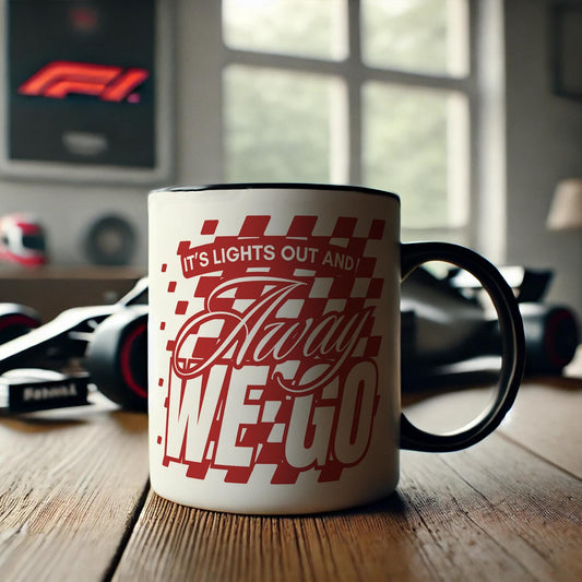 Lights Out - Checkered Mug: "Lights Out and Away We Go" F1 Start Quote Mug, Formula 1 Gift, Racing Gift For Him, For Dad, Stocking Filler