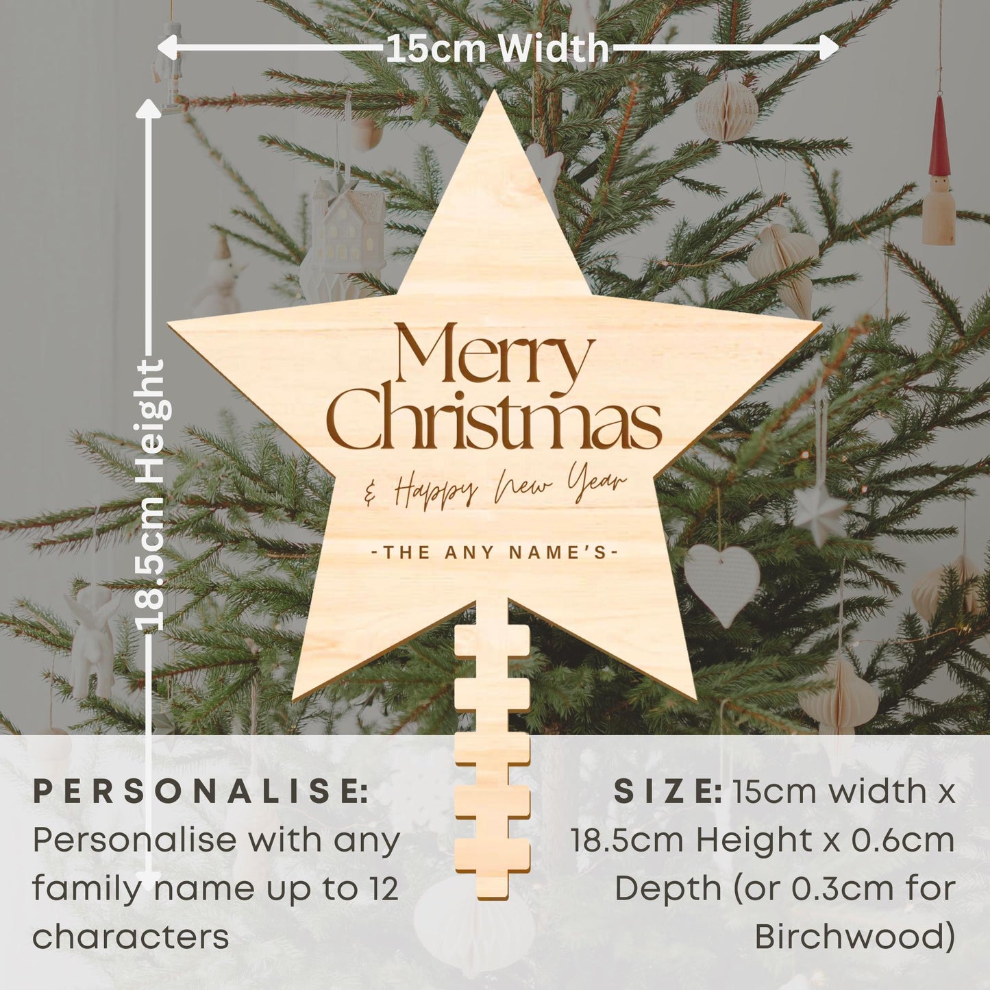 Tree Topper Star - The Seasons: Personalised Christmas Tree Decor, Custom Family Name Decoration, Rustic Wooden Ornament, Xmas Keepsake