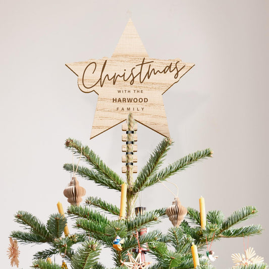 Tree Topper Star - Moontime: Personalised Christmas Tree Decor, Custom Family Name Decoration, Rustic Wooden Ornament, Xmas Keepsake