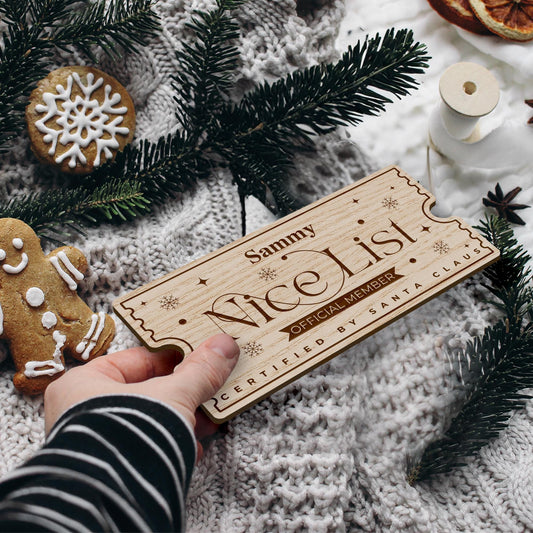 Nice List Ticket - Snowflakes: Personalised Santa's Nice List Wooden Ticket Certificate, Christmas Keepsake for Kids, Magic Christmas Gift