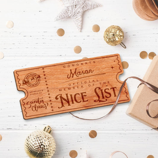 Nice List Ticket - Stamp: Personalised Santa's Nice List Wooden Ticket Certificate, Christmas Keepsake for Kids, Magic Christmas Gift