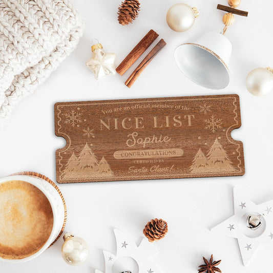 Nice List Ticket - Trees: Personalised Santa's Nice List Wooden Ticket Certificate, Christmas Keepsake for Kids, Magic Christmas Gift