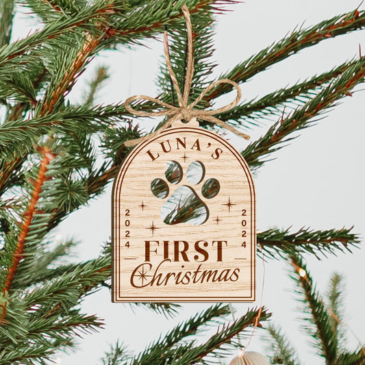 Pet First Christmas - Paw & Star Ornament: Personalised Custom Dog or Cat's 1st Christmas Bauble, Rustic Pet First Xmas Keepsake, Tree Decor