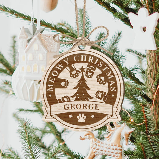 Personalised Meowy Christmas - Tree & Paws Bauble: Custom Xmas Decor, Cat-Themed Ornament Gift, Rustic Wooden Christmas Tree Decor