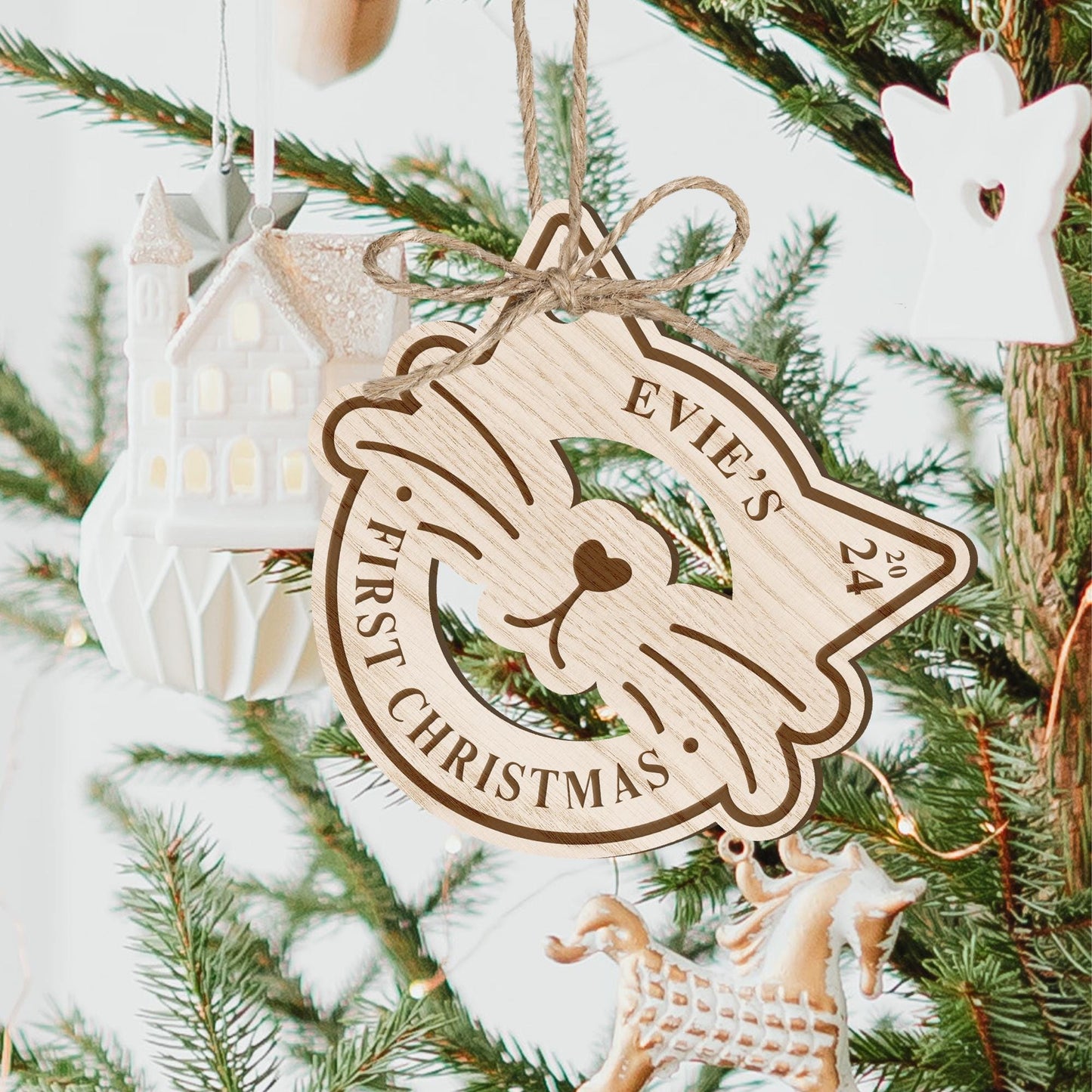 Personalised Cat First Christmas - Ears & Nose Bauble: Custom Name, Rustic Cat's First Christmas Tree Decor, Wooden pet Xmas Ornament Gift
