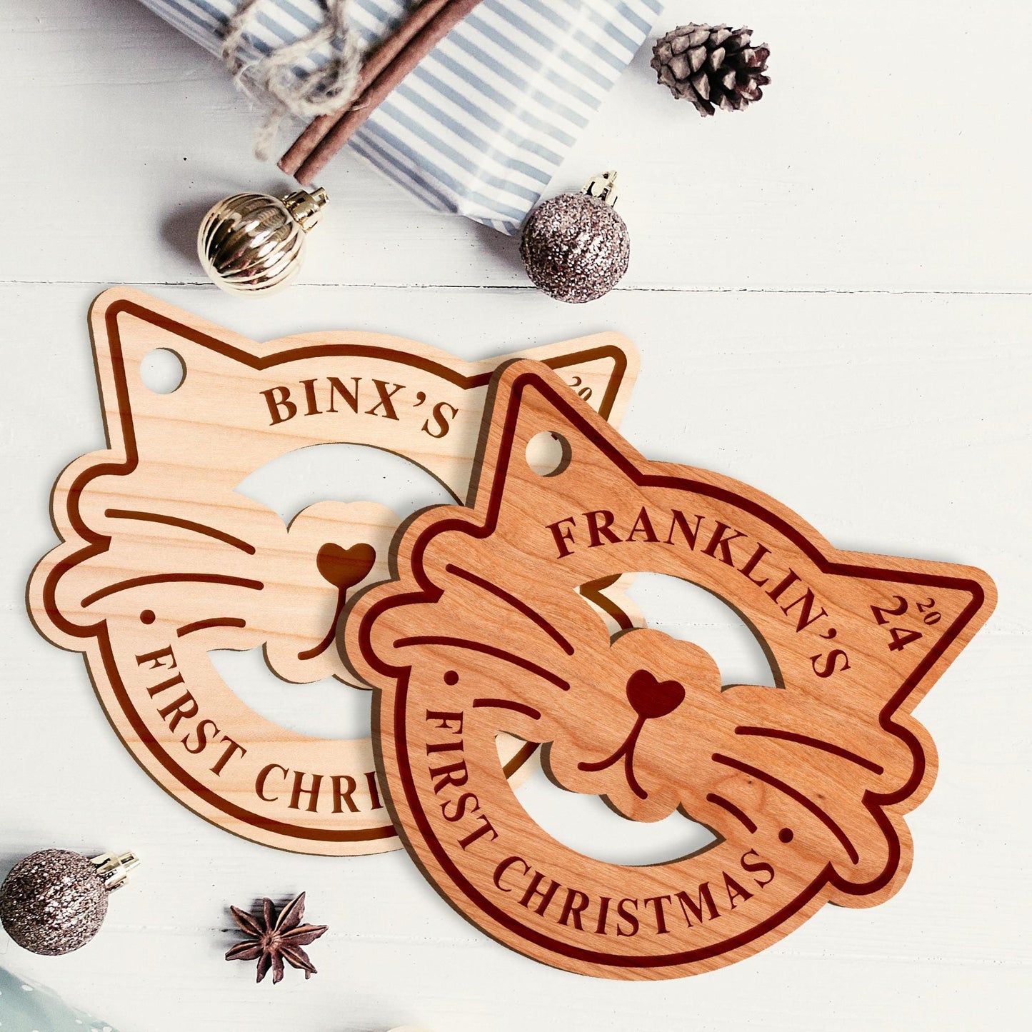 Personalised Cat First Christmas - Ears & Nose Bauble: Custom Name, Rustic Cat's First Christmas Tree Decor, Wooden pet Xmas Ornament Gift