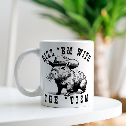 Rizz 'Em With The 'Tism - Capybara: Funny Autism Mug, Humorous Coffee Cup, Autism Awareness, Bold Quirky Meme Mug, Gift for Autistic Friend