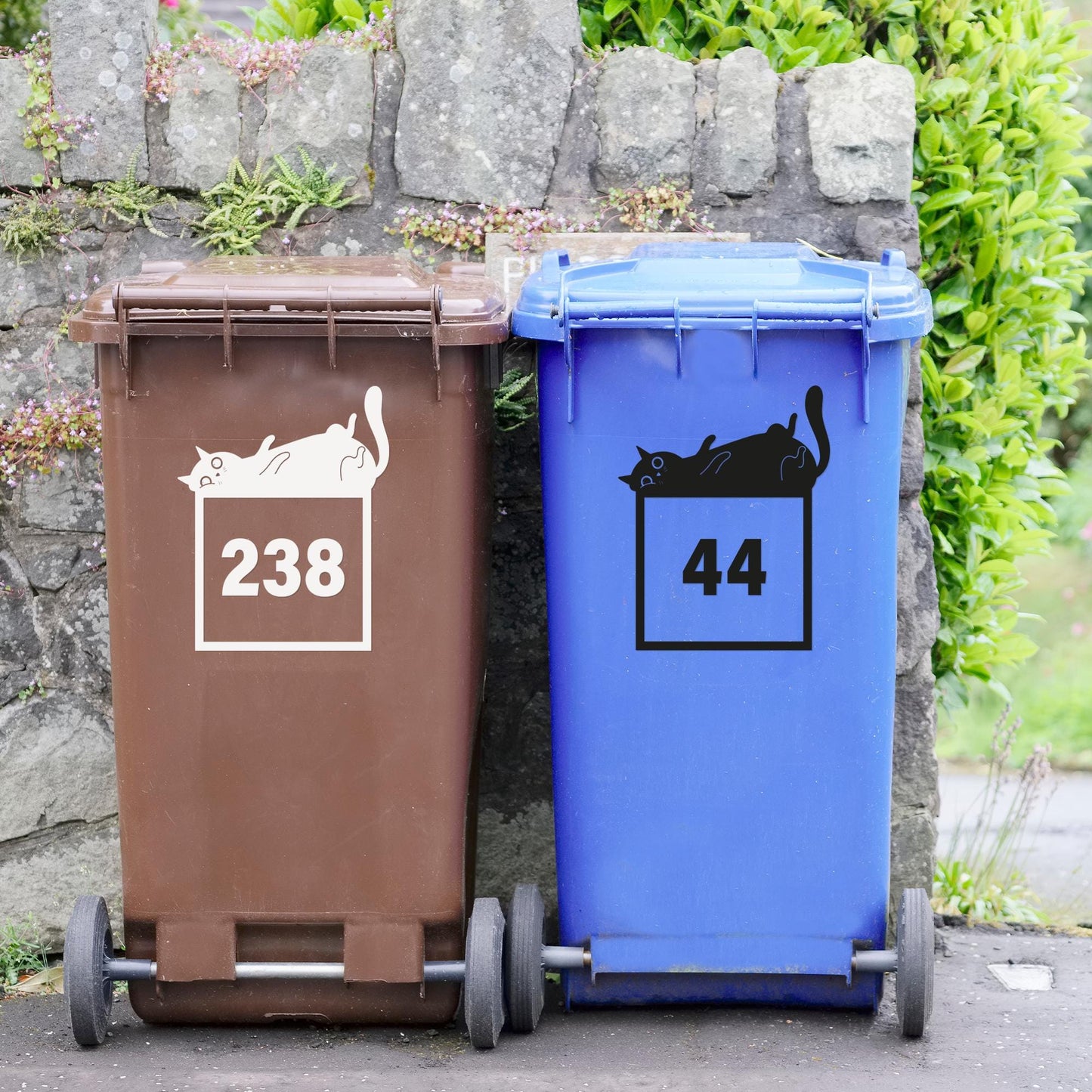 Personalised Lazy Cat Bin Sticker: Custom Wheelie Bin Decal with House Number - Cute Outdoor Decor, Funny Cat Sticker for Dustbin